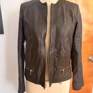 Cole Haan Dark Brown Leather Zip Jacket with Gold Hardware